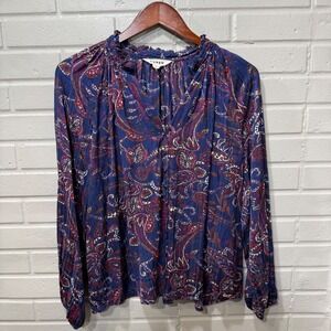 Boden Paisley Ruffle Blouse Silky Pleated Navy Blue US 10 Boho Preppy Regency